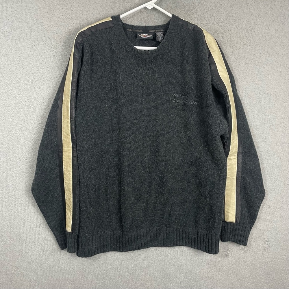 Vintage Harley Davidson Sweater Mens 2X Gray Leather Wool Leather Stripe Sleeves